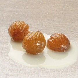 Mini marrons décors confits 6/8 g au sirop ou égouttés Conditionnement en boîte métal de 600 g et 2,3 kg