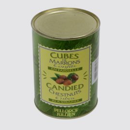 Candied Chestnut Cubes in a Strainer – Total net weight: 1.3 kg – Net weight per unit: 0.6 kg – Pack of 6 tins – Shelf life: 36 months – Ref.: 64