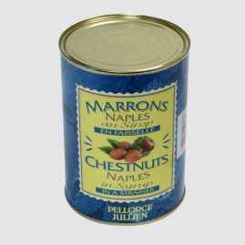 Naples Chestnuts in Syrup in a Strainer – Total net weight: 1.3 kg – Net weight per unit: 0.6 kg – Pack of 6 tins – Shelf life: 36 months – Ref.: 109