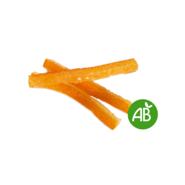 Organic straight candied orange slivers • packed in strips • 1 kg • 7,5/8 cm • Package box of 12 • BBD 12 months