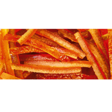 Straight candied orange slivers • packed in bulk • 2 kg • 6,5 cm • Package box of 6 • BBD < 6 months